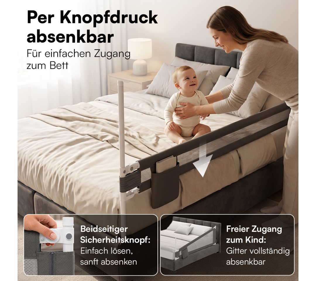 Bellabino Bettschutzgitter Drina, Rausfallschutz, Kinderbettgitter höhenverstellbar (200 cm breit, 1 St., Dunkelgrau), klappbar & kombinierbar, verfügbar in B 1 – Bild 2 von 5
