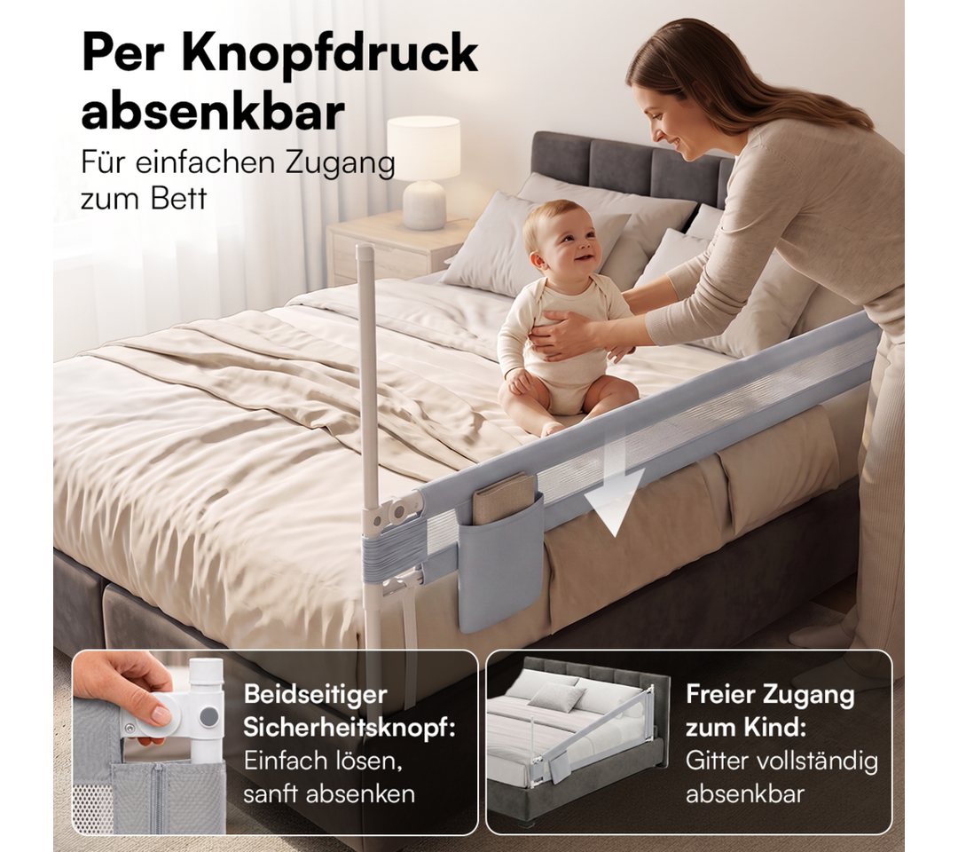 Bellabino Bettschutzgitter Drina, Rausfallschutz, Kinderbettgitter höhenverstellbar (150 cm breit, 1 St., Hellgrau, mit Sicherheitsgurt), klappbar & kombinierba – Bild 2 von 5