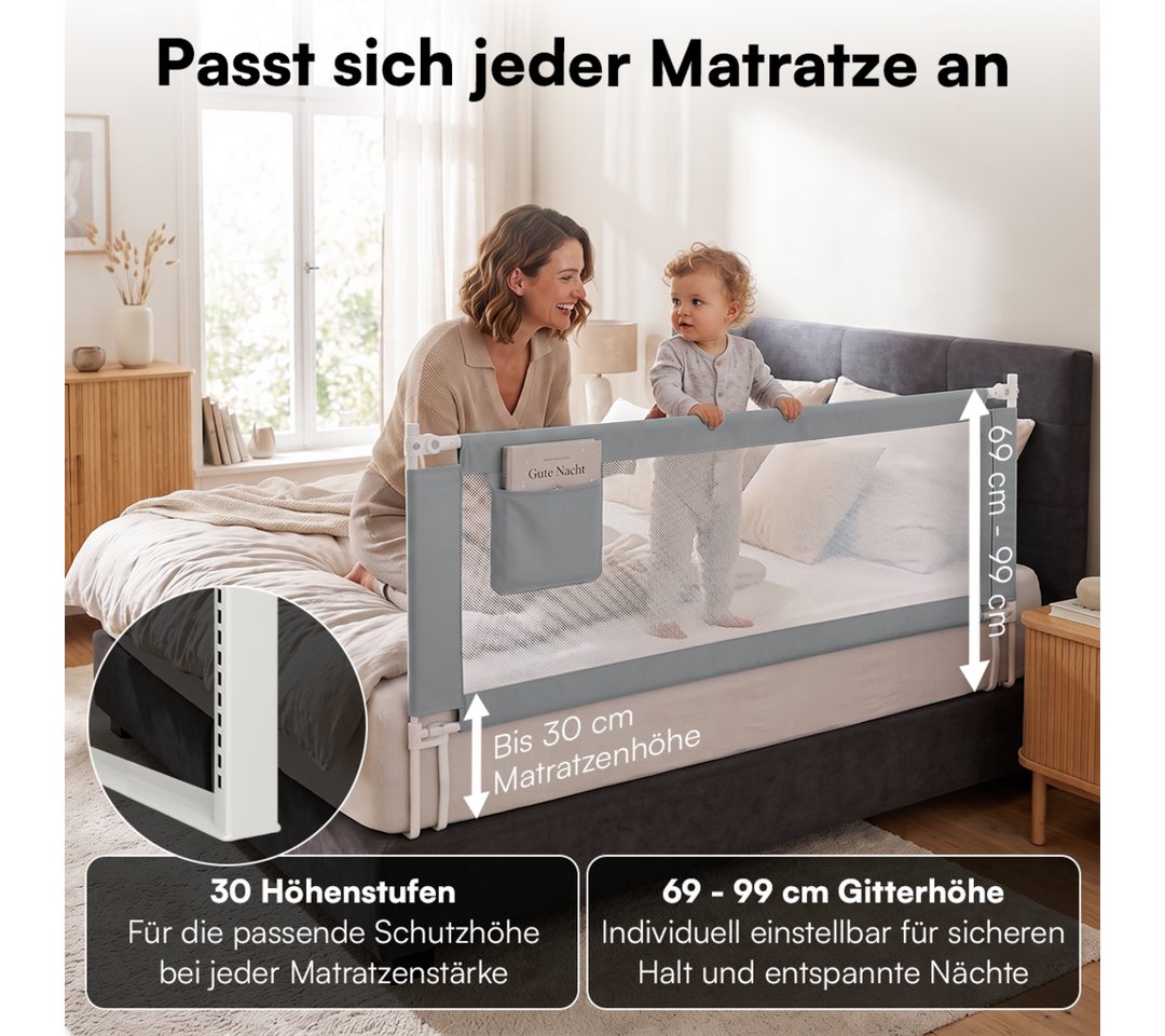 Bellabino Bettschutzgitter Drina, Rausfallschutz, Kinderbettgitter höhenverstellbar (150 cm breit, 1 St., Hellgrau, mit Sicherheitsgurt), klappbar & kombinierba – Bild 3 von 5