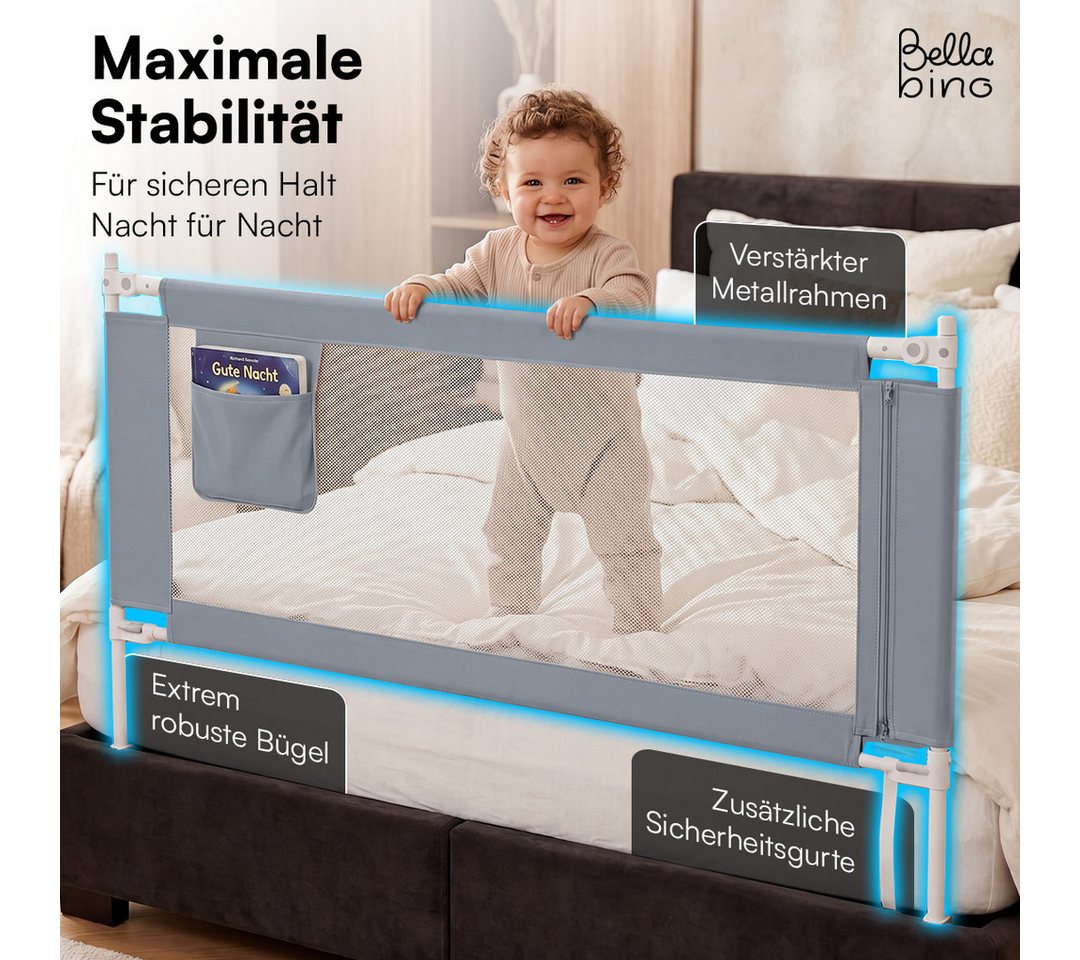 Bellabino Bettschutzgitter Drina, Rausfallschutz, Kinderbettgitter höhenverstellbar (150 cm breit, 1 St., Hellgrau, mit Sicherheitsgurt), klappbar & kombinierba – Bild 4 von 5