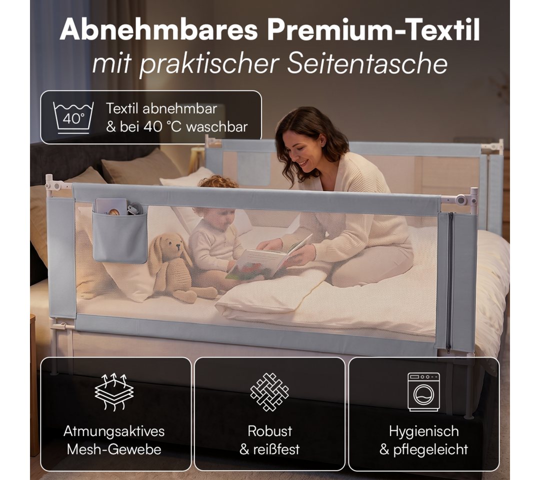 Bellabino Bettschutzgitter Drina, Rausfallschutz, Kinderbettgitter höhenverstellbar (150 cm breit, 1 St., Hellgrau, mit Sicherheitsgurt), klappbar & kombinierba – Bild 5 von 5