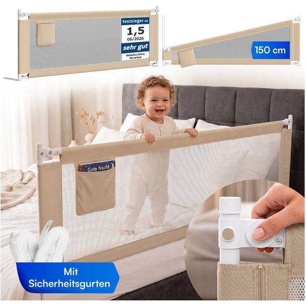 Bellabino Bettschutzgitter Drina, Rausfallschutz, Kinderbettgitter höhenverstellbar (150 cm breit, 1 St., Beige, mit Sicherheitsgurt), klappbar & kombinierbar, 