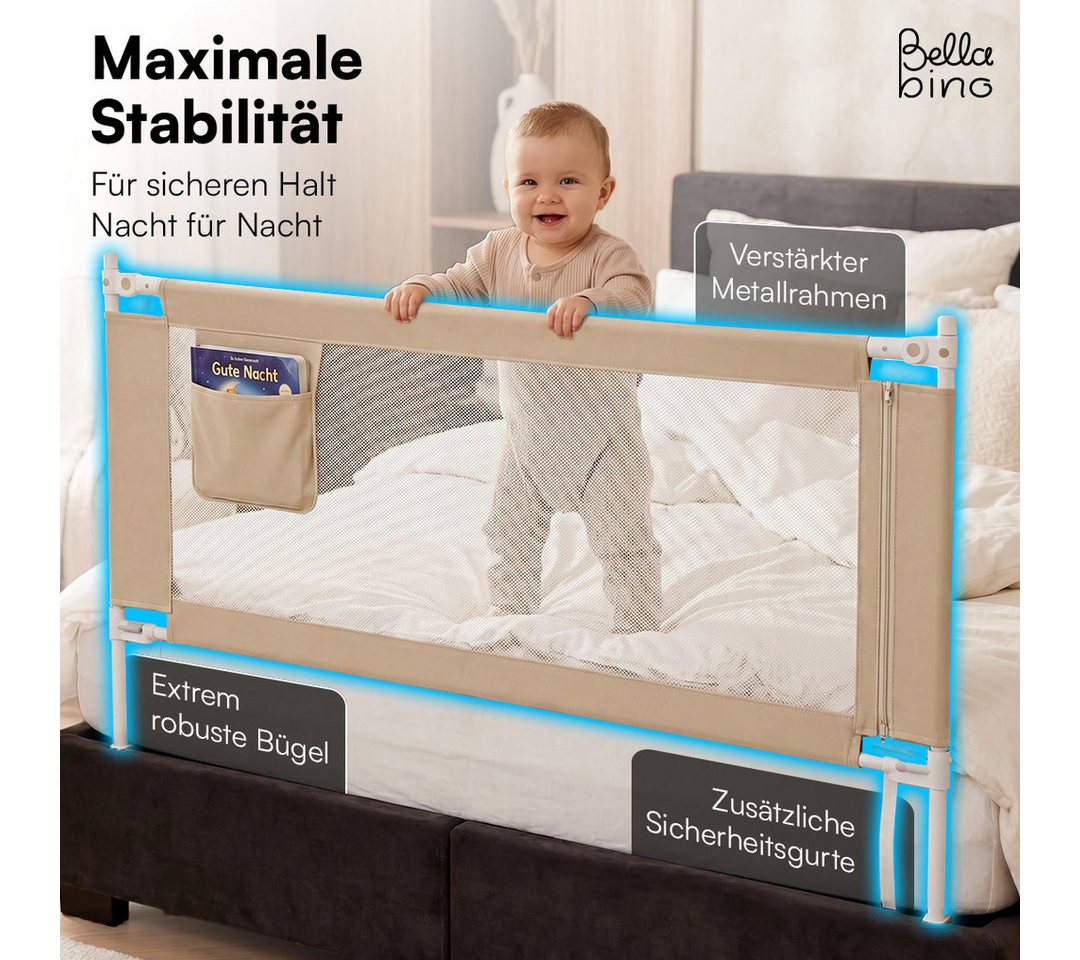 Bellabino Bettschutzgitter Drina, Rausfallschutz, Kinderbettgitter höhenverstellbar (150 cm breit, 1 St., Beige, mit Sicherheitsgurt), klappbar & kombinierbar,  – Bild 3 von 5