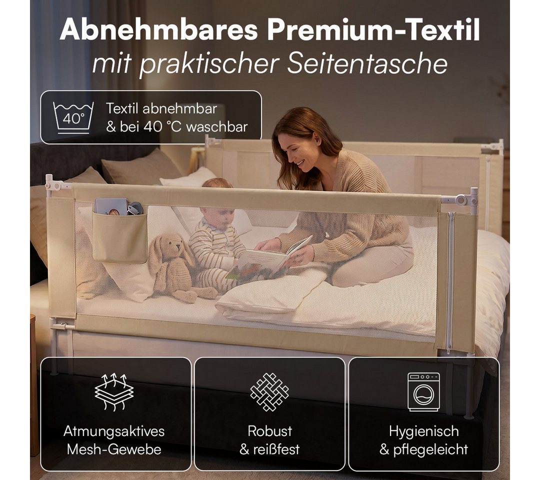 Bellabino Bettschutzgitter Drina, Rausfallschutz, Kinderbettgitter höhenverstellbar (150 cm breit, 1 St., Beige, mit Sicherheitsgurt), klappbar & kombinierbar,  – Bild 4 von 5