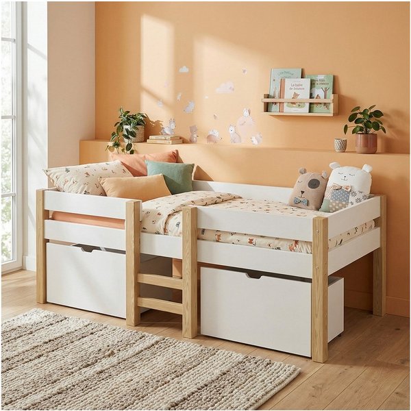 Bellabino Hochbett Aspy mit Rausfallschutz und Lattenrost 90x200 cm (natur / weiß, mit 2 Schubladen, optional mit Matratze) verfügbar in verschiedenen Ausführun