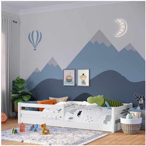 Bellabino Kinderbett Iskri mit Rausfallschutz und Lattenrost (weiß, optional mit Matratze), Bodenbett verfügbar in 90/120/140x200