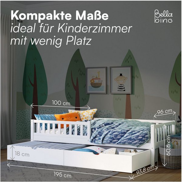Bellabino Kinderbett Vils 90x200 cm mit Rausfallschutz, Lattenrost, Kiefer Massivholz (weiß, mit großer Schublade, mit Matratze)