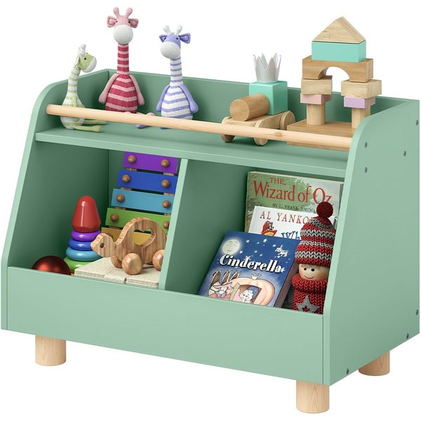 Bellabino Kinderregal Belly mit geräumigen Fächern und Ablagefläche, Spielzeugtruhe, Bücherregal aus Holz, 2 Fächer für Spielzeug, 1 Ablagefläche, mintgrün/natu