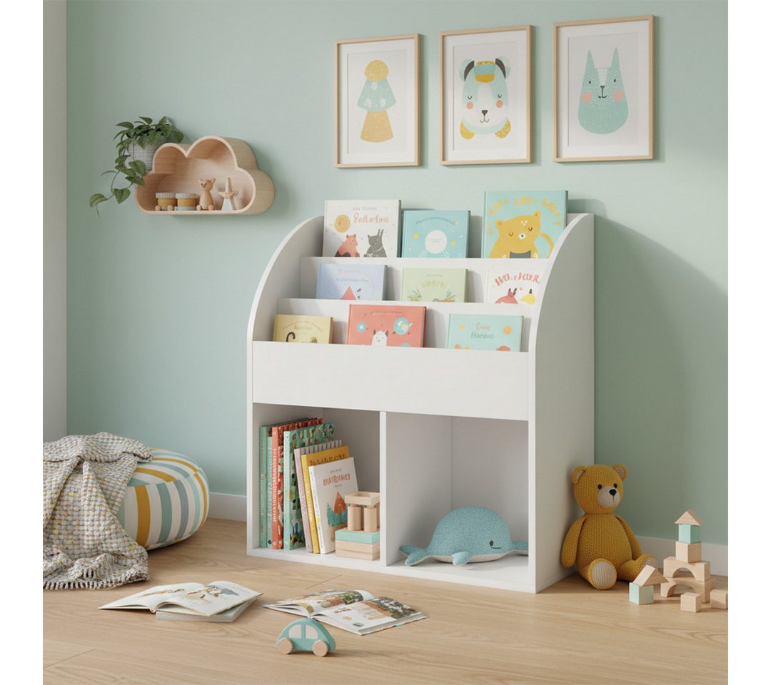 Bellabino Kinderregal Koro mit offenen Fächern, weiß, Bücherregal, Spielzeugaufbewahrung, 3 Fächer für Bücher, 2 Fächer für zusätzlichen Stauraum – Bild 2 von 5