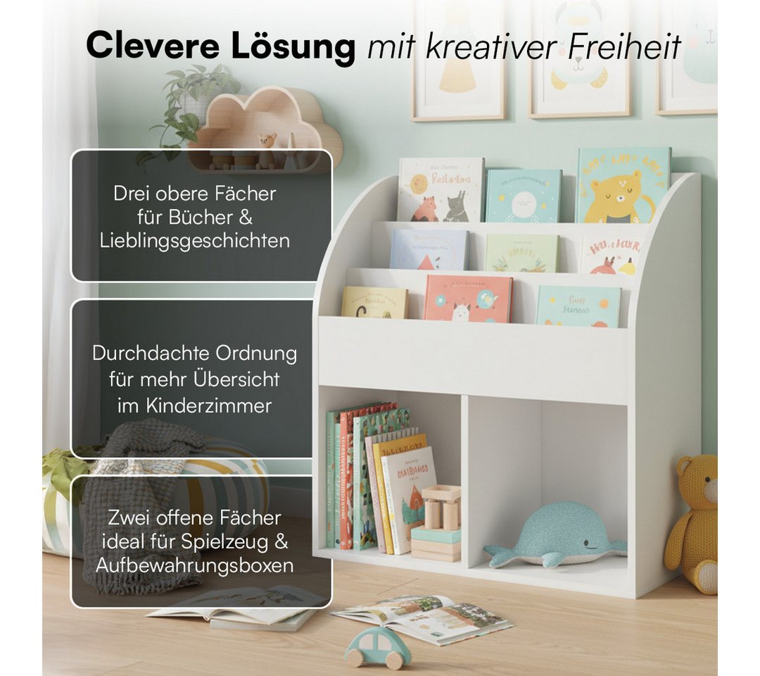 Bellabino Kinderregal Koro mit offenen Fächern, weiß, Bücherregal, Spielzeugaufbewahrung, 3 Fächer für Bücher, 2 Fächer für zusätzlichen Stauraum – Bild 4 von 5