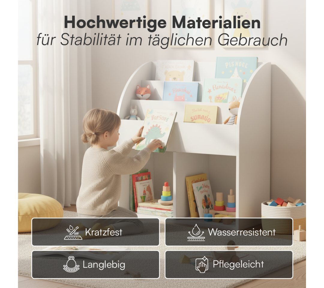 Bellabino Kinderregal Koro mit offenen Fächern, weiß, Bücherregal, Spielzeugaufbewahrung, 3 Fächer für Bücher, 2 Fächer für zusätzlichen Stauraum – Bild 5 von 5