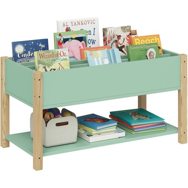 Bellabino Kinderregal Teme mit Fächern und Ablagefach, Bücherregal, Spielzeugregal aus Holz, 4 Fächer für Bücher, 1 Ablagefach für Spielzeug, mintgrün/natur