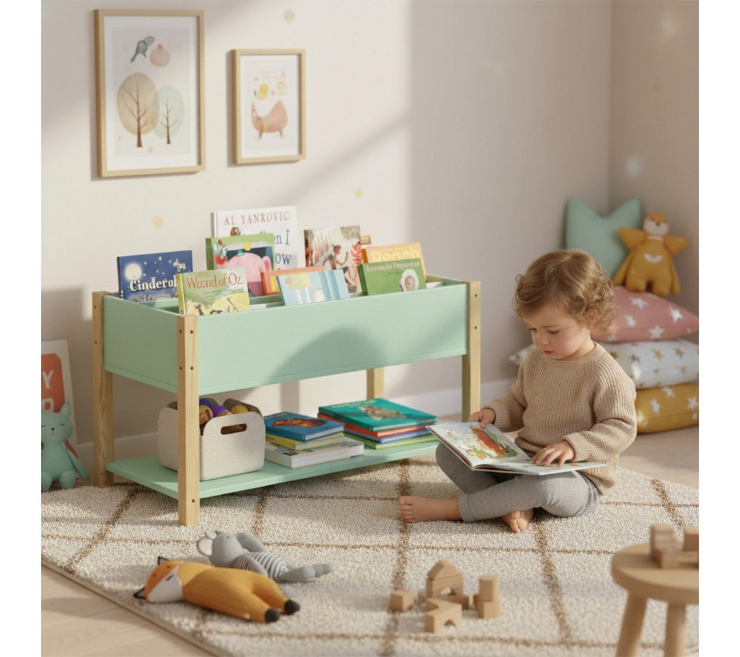 Bellabino Kinderregal Teme mit Fächern und Ablagefach, Bücherregal, Spielzeugregal aus Holz, 4 Fächer für Bücher, 1 Ablagefach für Spielzeug, mintgrün/natur – Bild 2 von 5