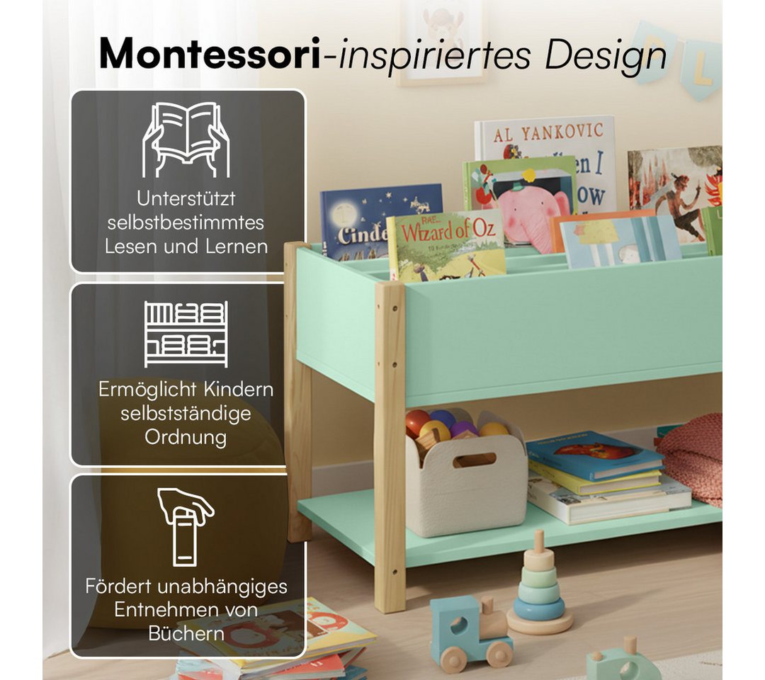 Bellabino Kinderregal Teme mit Fächern und Ablagefach, Bücherregal, Spielzeugregal aus Holz, 4 Fächer für Bücher, 1 Ablagefach für Spielzeug, mintgrün/natur – Bild 3 von 5