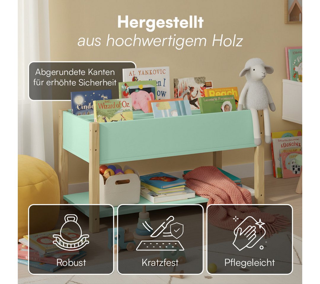 Bellabino Kinderregal Teme mit Fächern und Ablagefach, Bücherregal, Spielzeugregal aus Holz, 4 Fächer für Bücher, 1 Ablagefach für Spielzeug, mintgrün/natur – Bild 4 von 5