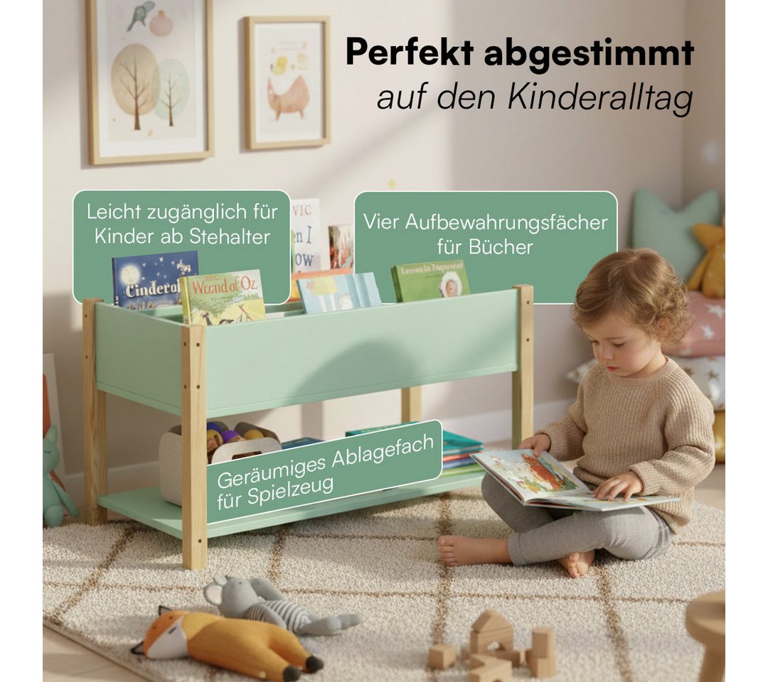 Bellabino Kinderregal Teme mit Fächern und Ablagefach, Bücherregal, Spielzeugregal aus Holz, 4 Fächer für Bücher, 1 Ablagefach für Spielzeug, mintgrün/natur – Bild 5 von 5