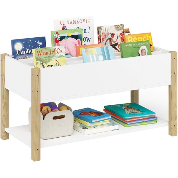 Bellabino Kinderregal Teme mit Fächern und Ablagefach, Bücherregal, Spielzeugregal aus Holz, 4 Fächer für Bücher, 1 Ablagefach für Spielzeug, weiß/natur