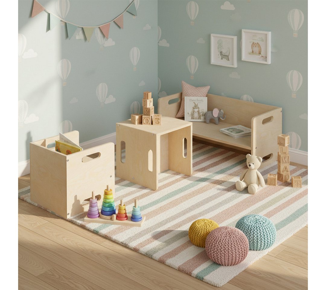 Bellabino Kindersitzgruppe Aki, 3 verschiedene Sitzhöhen, Montessori Wendebank aus Birkenholz, (2x Stuhl, 1x Bank), natur unbehandelt, 2in1 als Sitz oder Tisch  – Bild 2 von 5
