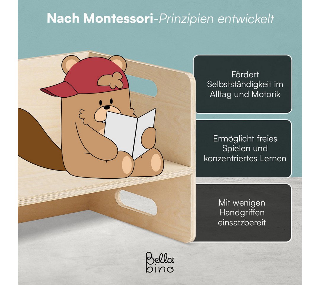 Bellabino Kindersitzgruppe Aki, 3 verschiedene Sitzhöhen, Montessori Wendebank aus Birkenholz, (2x Stuhl, 1x Bank), natur unbehandelt, 2in1 als Sitz oder Tisch  – Bild 4 von 5