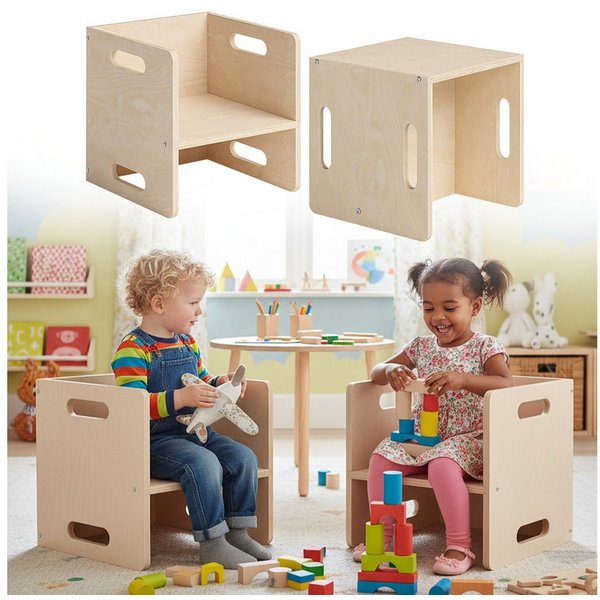 Bellabino Kindersitzgruppe Aki, 3 verschiedene Sitzhöhen, Montessori Wendebank aus Birkenholz, (2x Stuhl), natur unbehandelt, 2in1 als Sitz oder Tisch nutzbar