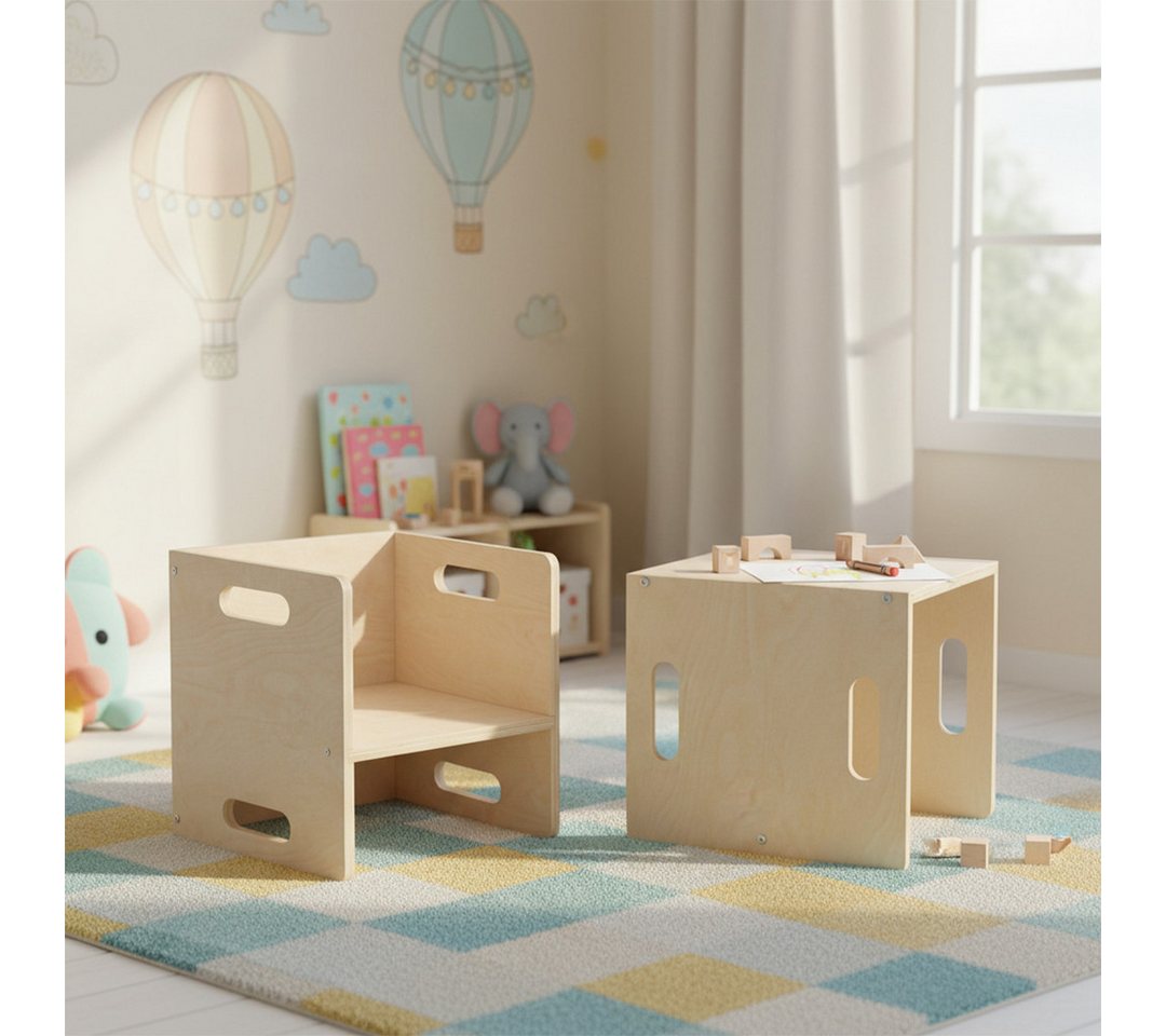 Bellabino Kindersitzgruppe Aki, 3 verschiedene Sitzhöhen, Montessori Wendebank aus Birkenholz, (2x Stuhl), natur unbehandelt, 2in1 als Sitz oder Tisch nutzbar – Bild 2 von 5