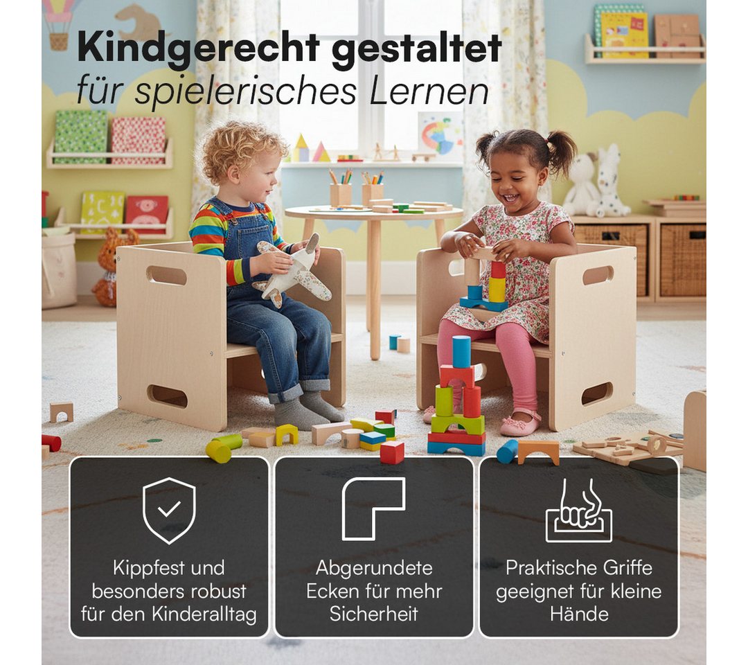 Bellabino Kindersitzgruppe Aki, 3 verschiedene Sitzhöhen, Montessori Wendebank aus Birkenholz, (2x Stuhl), natur unbehandelt, 2in1 als Sitz oder Tisch nutzbar – Bild 3 von 5
