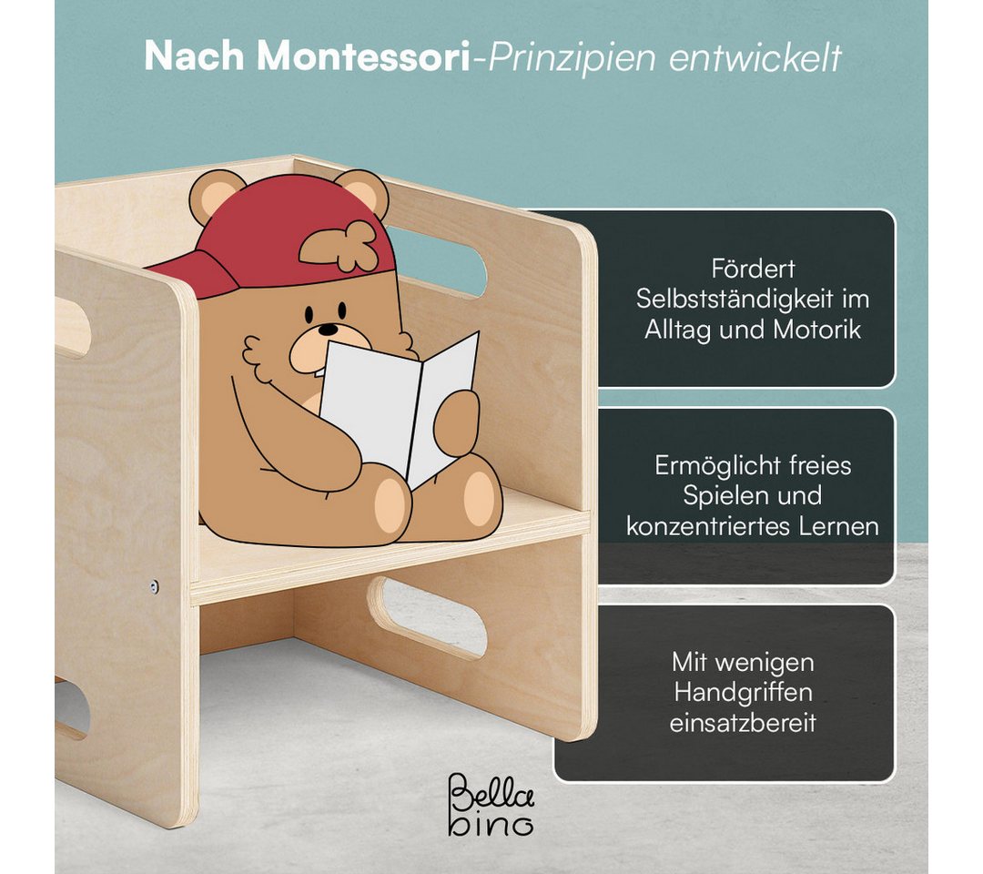 Bellabino Kindersitzgruppe Aki, 3 verschiedene Sitzhöhen, Montessori Wendebank aus Birkenholz, (2x Stuhl), natur unbehandelt, 2in1 als Sitz oder Tisch nutzbar – Bild 4 von 5