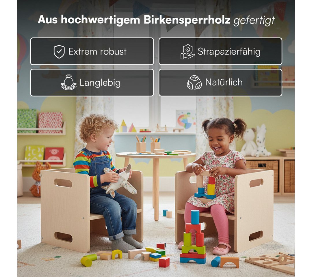 Bellabino Kindersitzgruppe Aki, 3 verschiedene Sitzhöhen, Montessori Wendebank aus Birkenholz, (2x Stuhl), natur unbehandelt, 2in1 als Sitz oder Tisch nutzbar – Bild 5 von 5