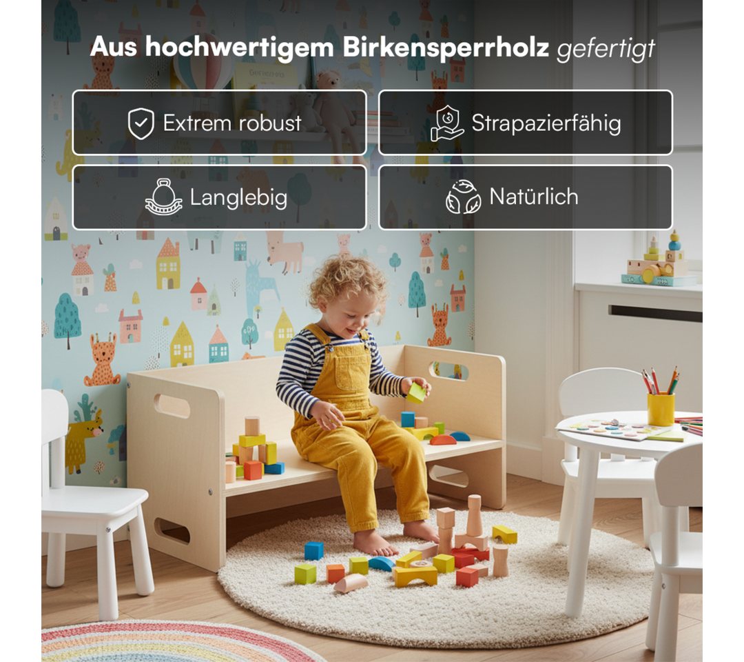 Bellabino Kindersitzgruppe Aki, 3 verschiedene Sitzhöhen, Montessori Wendebank aus Birkenholz, (1x Bank), natur unbehandelt, 2in1 als Sitz oder Tisch nutzbar – Bild 5 von 5