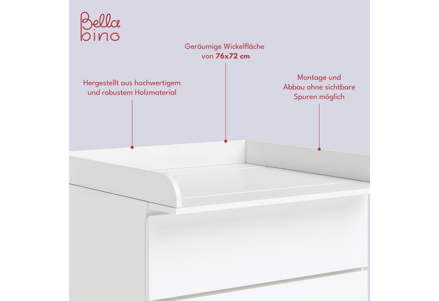 Bellabino Wickelaufsatz Oti, Wickeltischaufsatz, Aufsatz Wickeltisch in weiß, für IKEA Kommode Malm, Hemnes, Nordli – Bild 3 von 5