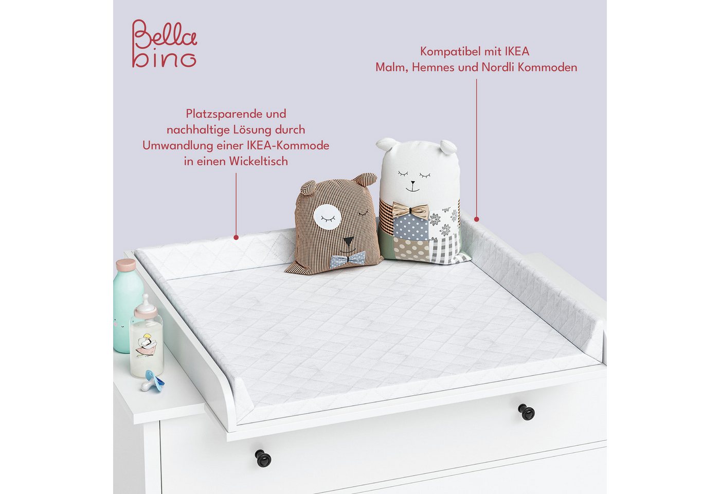 Bellabino Wickelaufsatz Oti, Wickeltischaufsatz, Aufsatz Wickeltisch in weiß, für IKEA Kommode Malm, Hemnes, Nordli – Bild 4 von 5