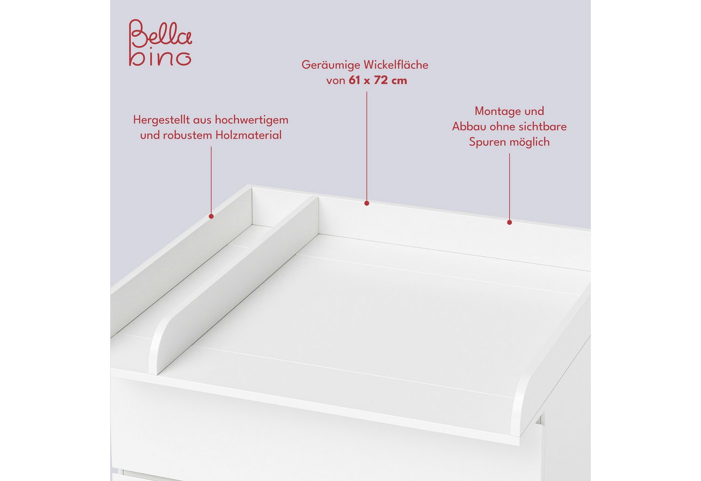 Bellabino Wickelaufsatz Oti, Wickeltischaufsatz, Aufsatz Wickeltisch in weiß, für IKEA Kommode Malm, Hemnes, Nordli, mit Trennfach – Bild 4 von 5