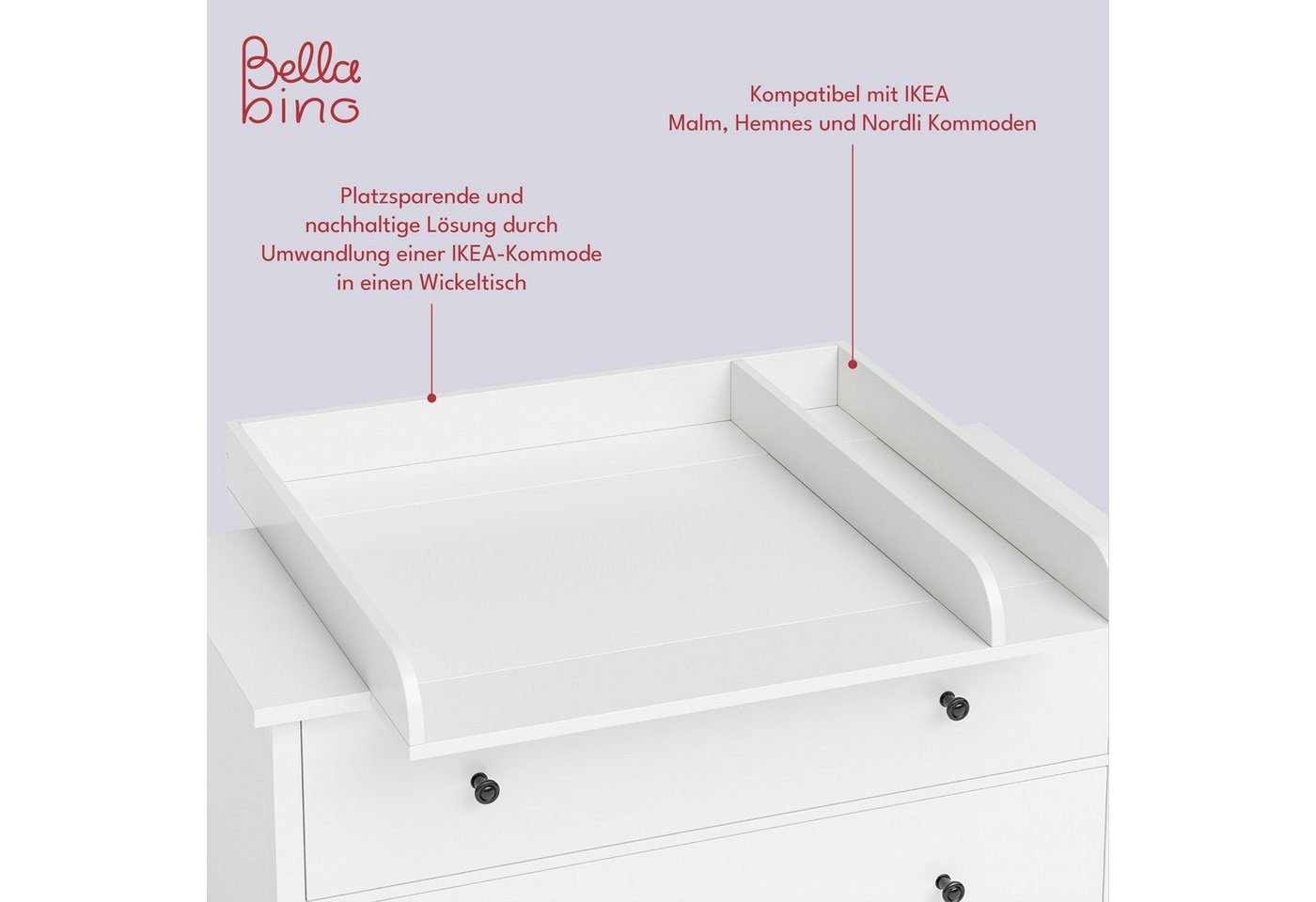 Bellabino Wickelaufsatz Oti, Wickeltischaufsatz, Aufsatz Wickeltisch in weiß, für IKEA Kommode Malm, Hemnes, Nordli, mit Trennfach – Bild 5 von 5