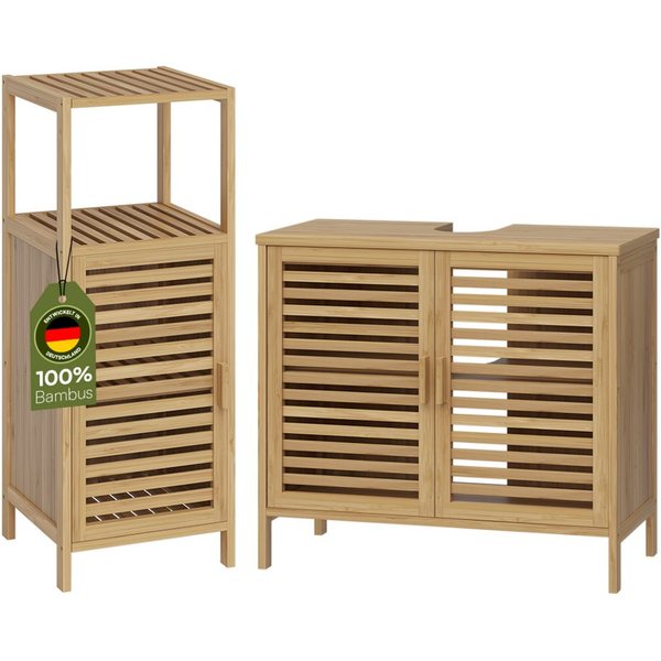 Bellamio Badmöbel-Set Newa aus Bambus, lackiert, (2er-Set, 1x Waschbeckenunterschrank, 1x Hochschrank mit 3 Fächern), in verschiedenen Set-Kombinationen erhältl