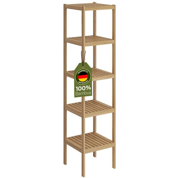 Bellamio Badregal Newa aus Bambus, Badezimmerregal mit Ablage, lackiert, 5 Ebenen, natürliches Standregal lackiert, verfügbar mit 3 oder 5 Ablageflächen