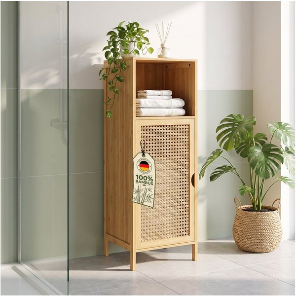 Bellamio Badregal Raba, Badschrank aus Bambus & Rattan, 36×33×98 cm, Midi Schrank mit 2 Fächern & 1 Tür, robst und langlebig