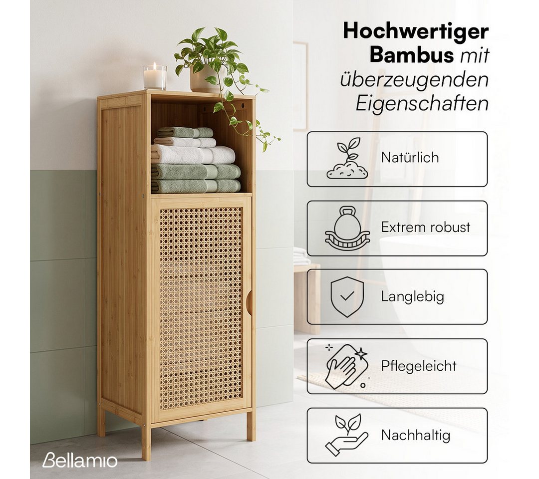 Bellamio Badregal Raba, Badschrank aus Bambus & Rattan, 36×33×98 cm, Midi Schrank mit 2 Fächern & 1 Tür, robst und langlebig – Bild 2 von 5