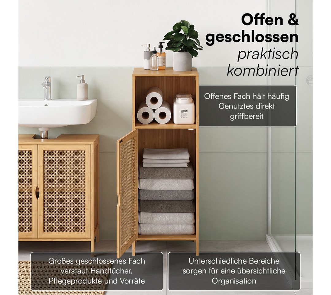 Bellamio Badregal Raba, Badschrank aus Bambus & Rattan, 36×33×98 cm, Midi Schrank mit 2 Fächern & 1 Tür, robst und langlebig – Bild 3 von 5