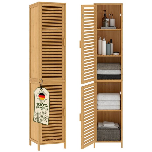 Bellamio Hochschrank Newa aus Bambus, Badezimmerschrank mit Ablage, lackiert (5 Fächer) Badezimmerschrank 165×33×33cm, verfügbar in verschiedenen Ausführungen