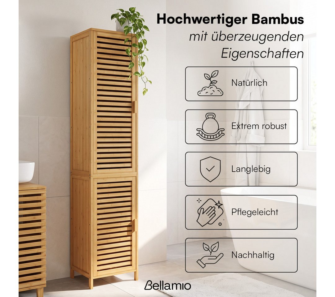 Bellamio Hochschrank Newa aus Bambus, Badezimmerschrank mit Ablage, lackiert (5 Fächer) Badezimmerschrank 165×33×33cm, verfügbar in verschiedenen Ausführungen – Bild 2 von 5