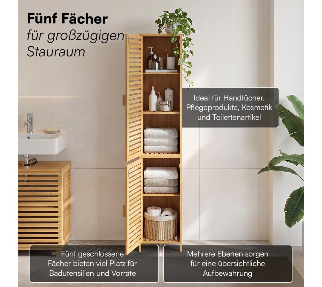 Bellamio Hochschrank Newa aus Bambus, Badezimmerschrank mit Ablage, lackiert (5 Fächer) Badezimmerschrank 165×33×33cm, verfügbar in verschiedenen Ausführungen – Bild 3 von 5