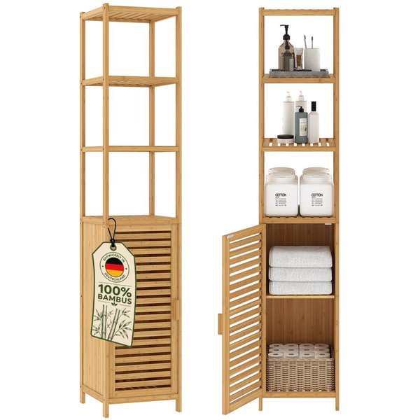 Bellamio Hochschrank Newa aus Bambus, Badezimmerschrank mit Ablage, lackiert (5 Fächer) Badezimmerschrank 165×33×33cm, verfügbar in verschiedenen Ausführungen