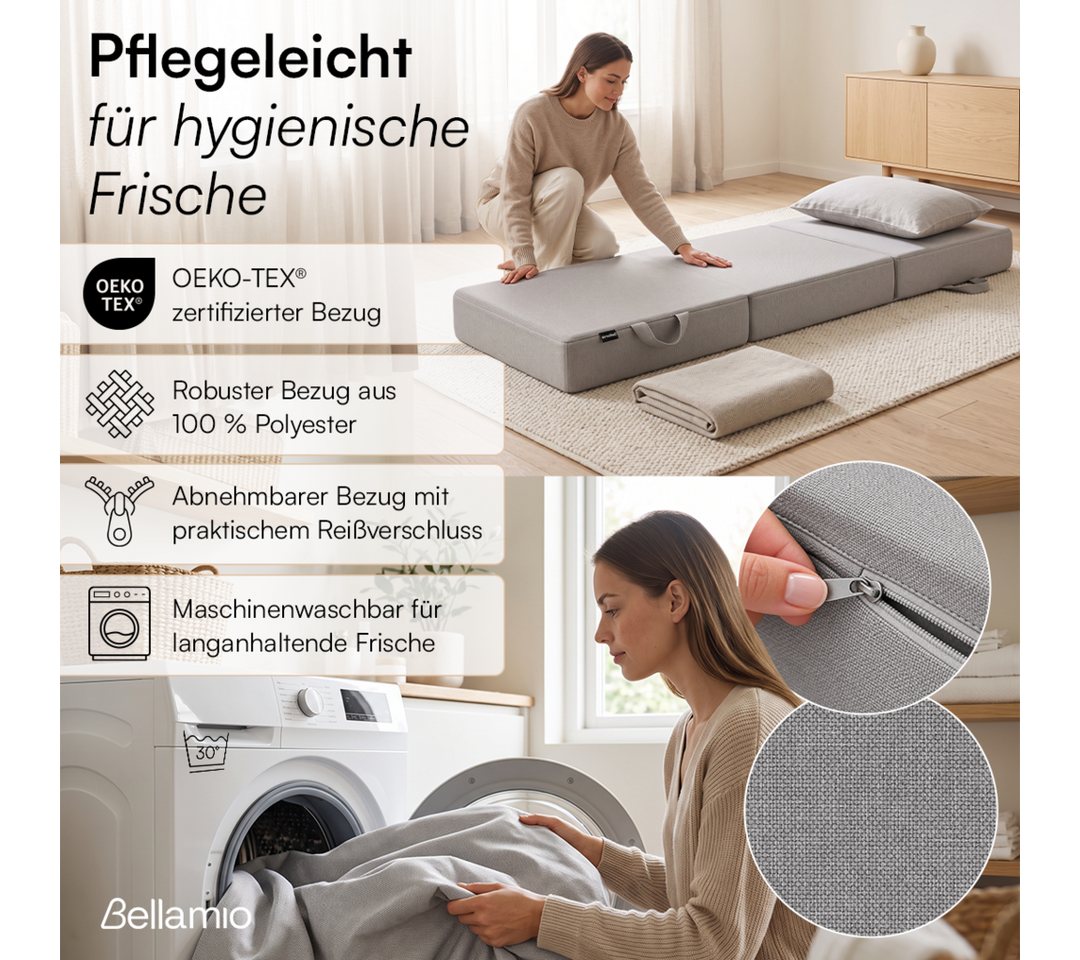 Klappmatratze Lomme, 3-teilige Faltmatratze, Bellamio, 15 cm hoch, (75x195 cm, Hellgrau), Gästematratze mit Tragegriffen, Bezug abnehmbar & waschbar – Bild 5 von 5