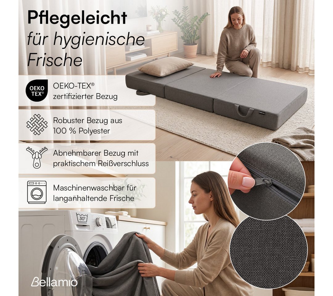 Klappmatratze Lomme, 3-teilige Faltmatratze, Bellamio, 15 cm hoch, (90x200 cm, Dunkelgrau), Gästematratze mit Tragegriffen, Bezug abnehmbar & waschbar – Bild 5 von 5