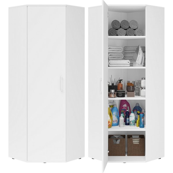 Bellamio Mehrzweckschrank Apol, Hochschrank aus Holz, Aufbewahrungsschrank (Weiß) Eckschrank mit 1 Tür & 5 großen Fächern, robust & kratzfest