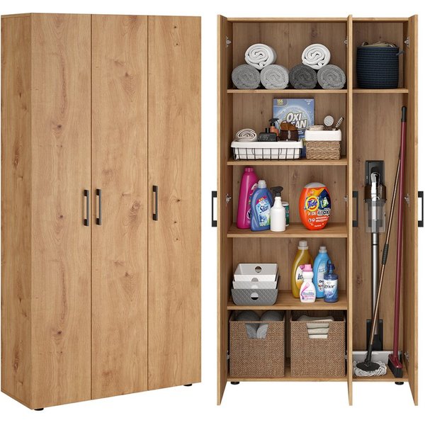 Bellamio Mehrzweckschrank Apol, Hochschrank aus Holz, Aufbewahrungsschrank (Eichenoptik) Akten- und Besenschrank mit 7 Fächern, inkl. Staubsaugerfach