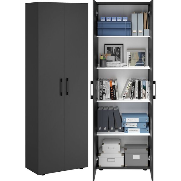 Bellamio Mehrzweckschrank Apol, Hochschrank aus Holz, Aufbewahrungsschrank (Schwarz) Aktenschrank mit 2 Türen & 5 Fächern, robust & kratzfest