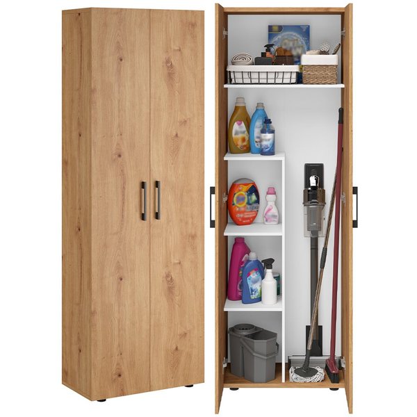 Bellamio Mehrzweckschrank Apol, Hochschrank aus Holz, Aufbewahrungsschrank (Eichenoptik) Besenschrank mit 5 Fächern, inkl. Staubsaugerfach