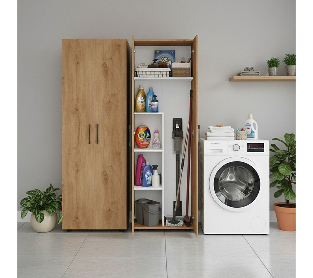 Bellamio Mehrzweckschrank Apol, Hochschrank aus Holz, Aufbewahrungsschrank (Eichenoptik) Besenschrank mit 5 Fächern, inkl. Staubsaugerfach – Bild 2 von 5