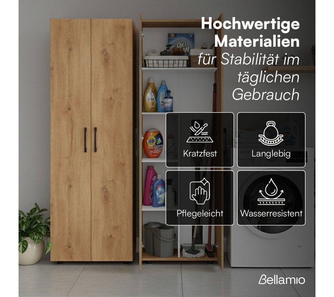 Bellamio Mehrzweckschrank Apol, Hochschrank aus Holz, Aufbewahrungsschrank (Eichenoptik) Besenschrank mit 5 Fächern, inkl. Staubsaugerfach – Bild 5 von 5